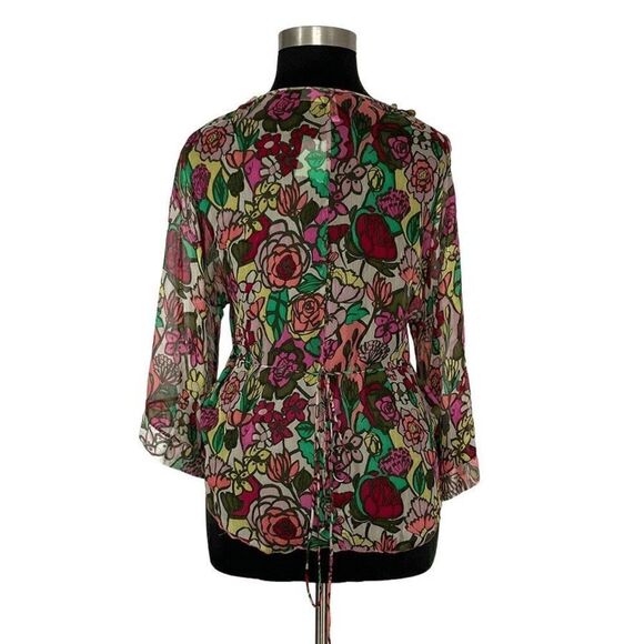 Tom K Nguyen L Multi-Color Floral Silk Top Sheer Sequin Y2K VTG Boho Art To Wear - Picture 4 of 13